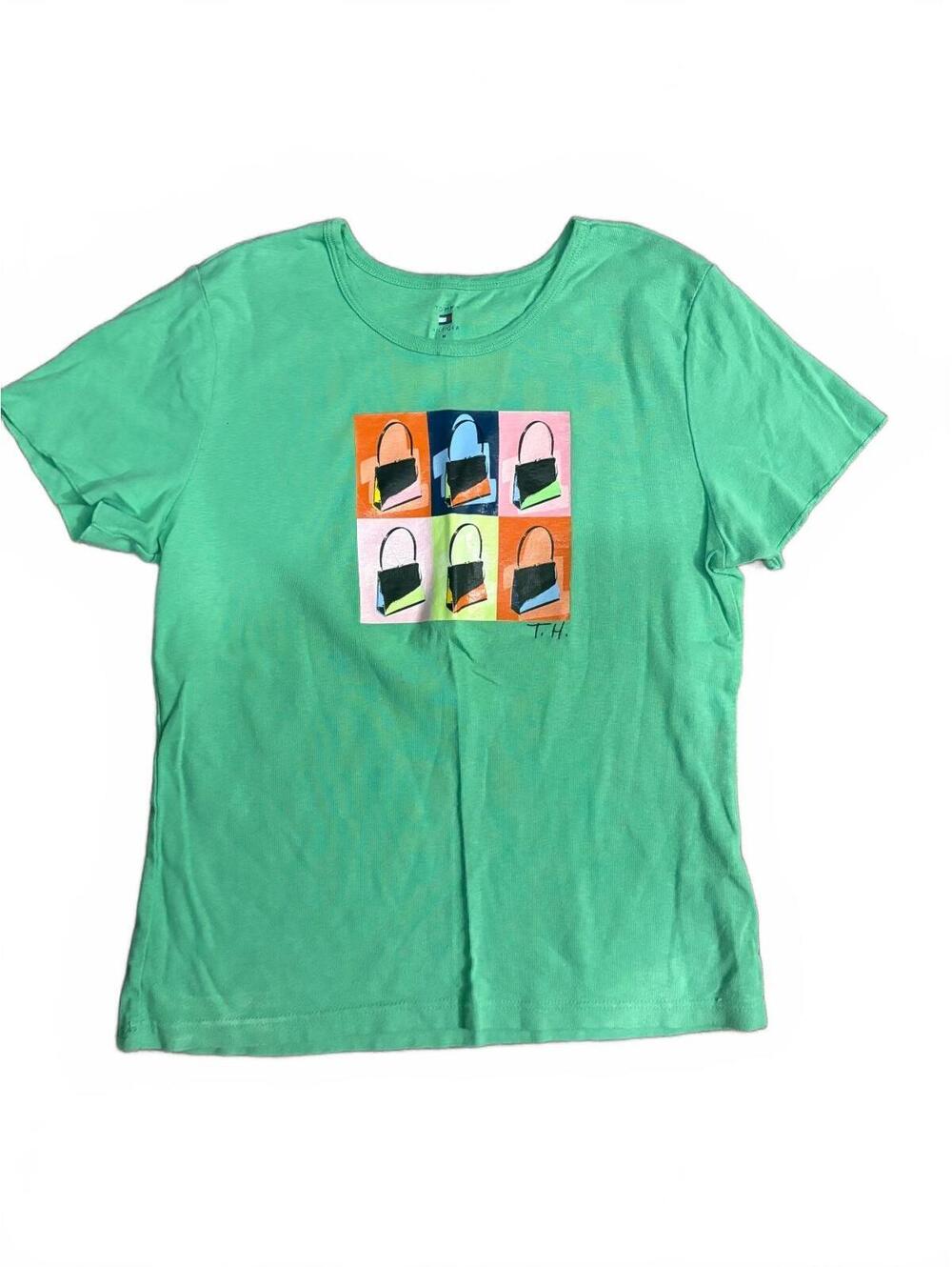 Tommy Hilfiger Green Pop Art Handbag Graphic Tee Medium Y2K Style